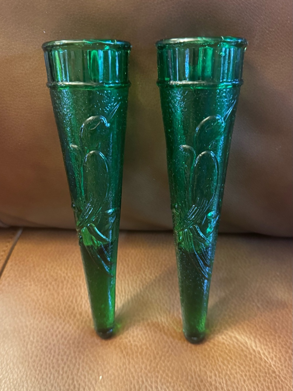 VTG early 1900s Dugan Glass green automobile bud vases featuring hummingbirds